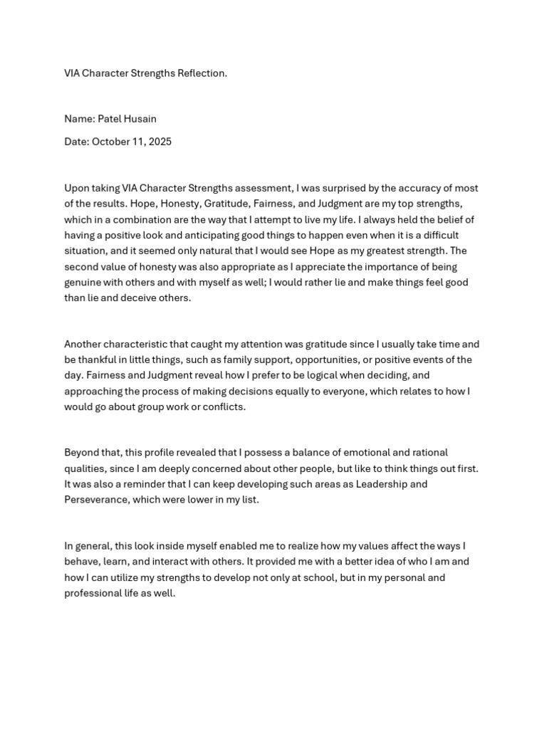 VIA Character Strengths Reflection Summary | PDF
