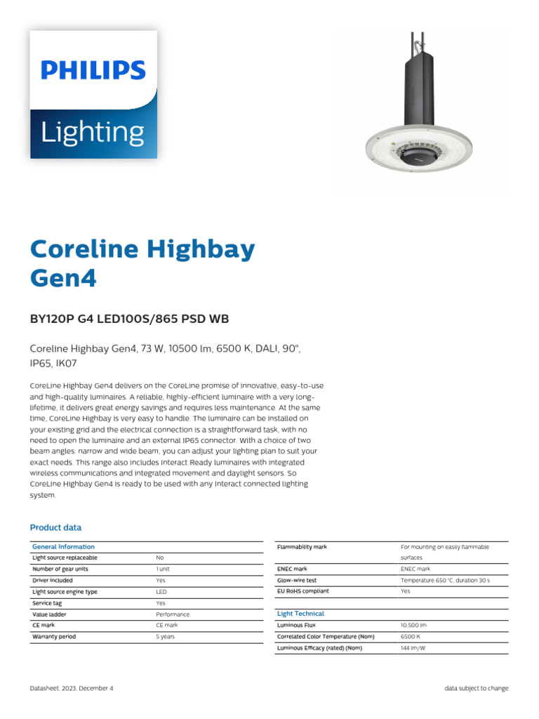 Coreline Highbay Gen4 LED Specifications | PDF | Lighting | Electrical ...
