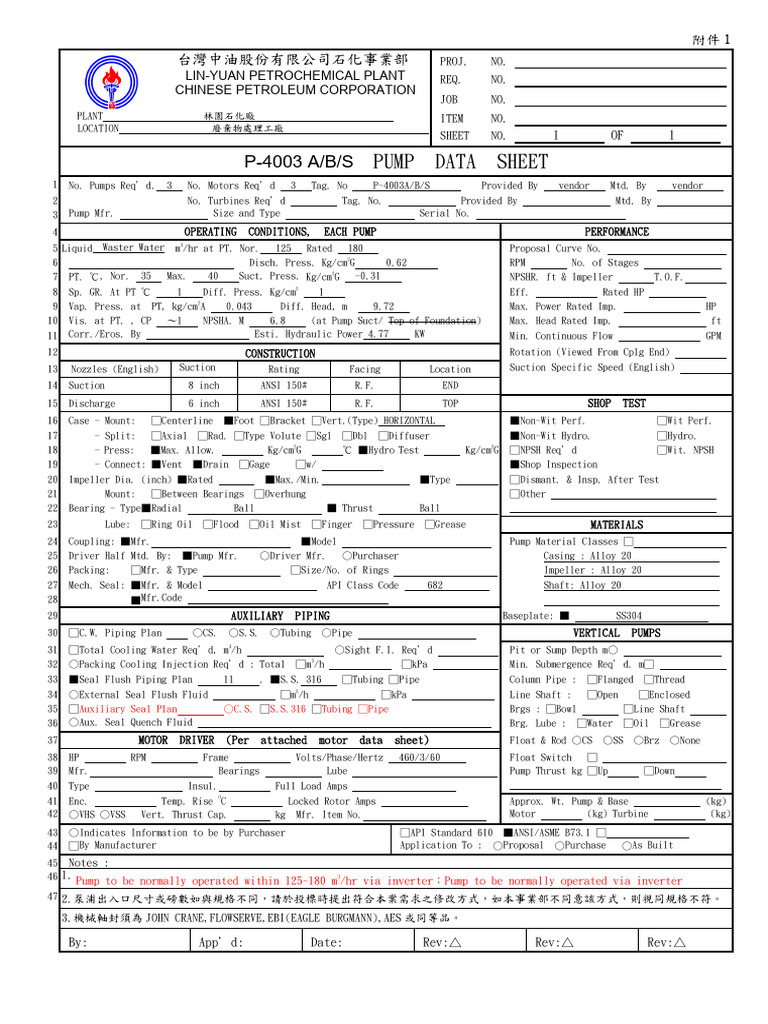 Pump and Motor Data Sheet Overview | PDF | Pump | Mechanical Engineering