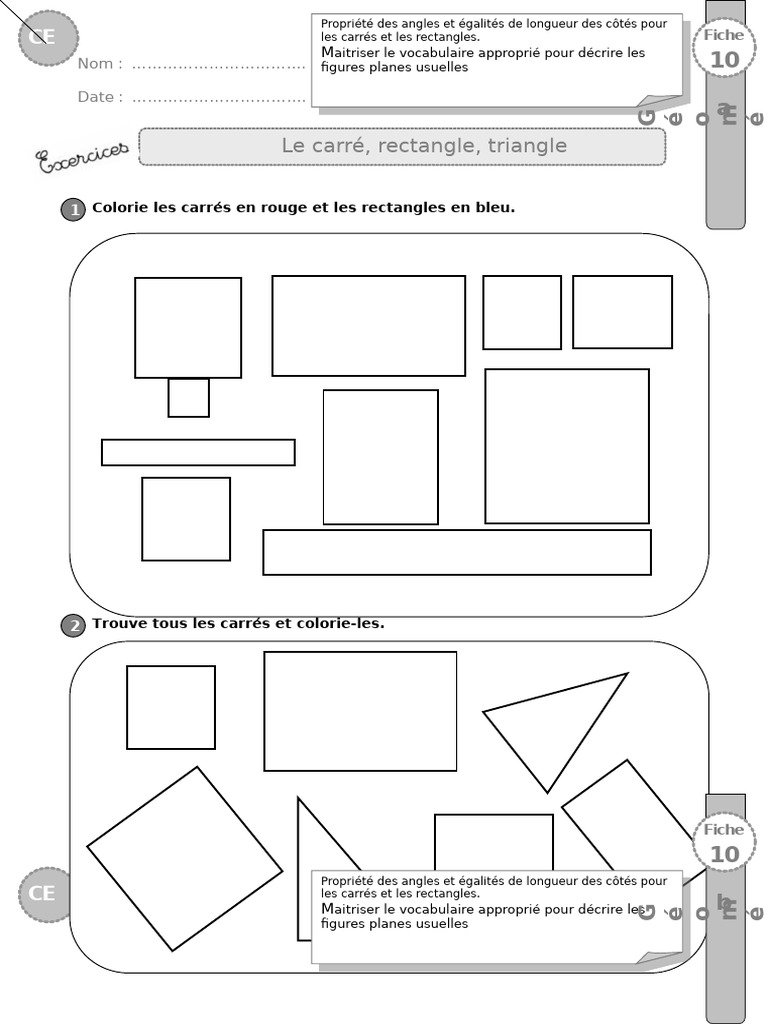 Exercices sur carrés et rectangles CE1 | PDF | Triangle | Rectangle