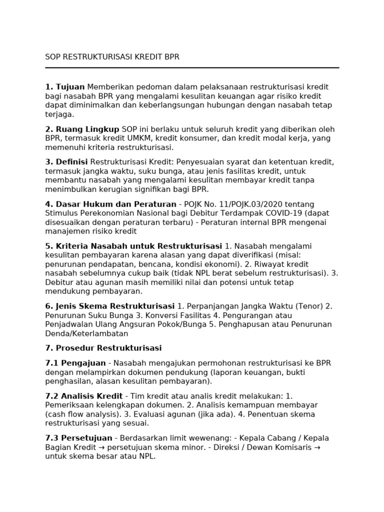 SOP Restrukturisasi Kredit BPR | PDF