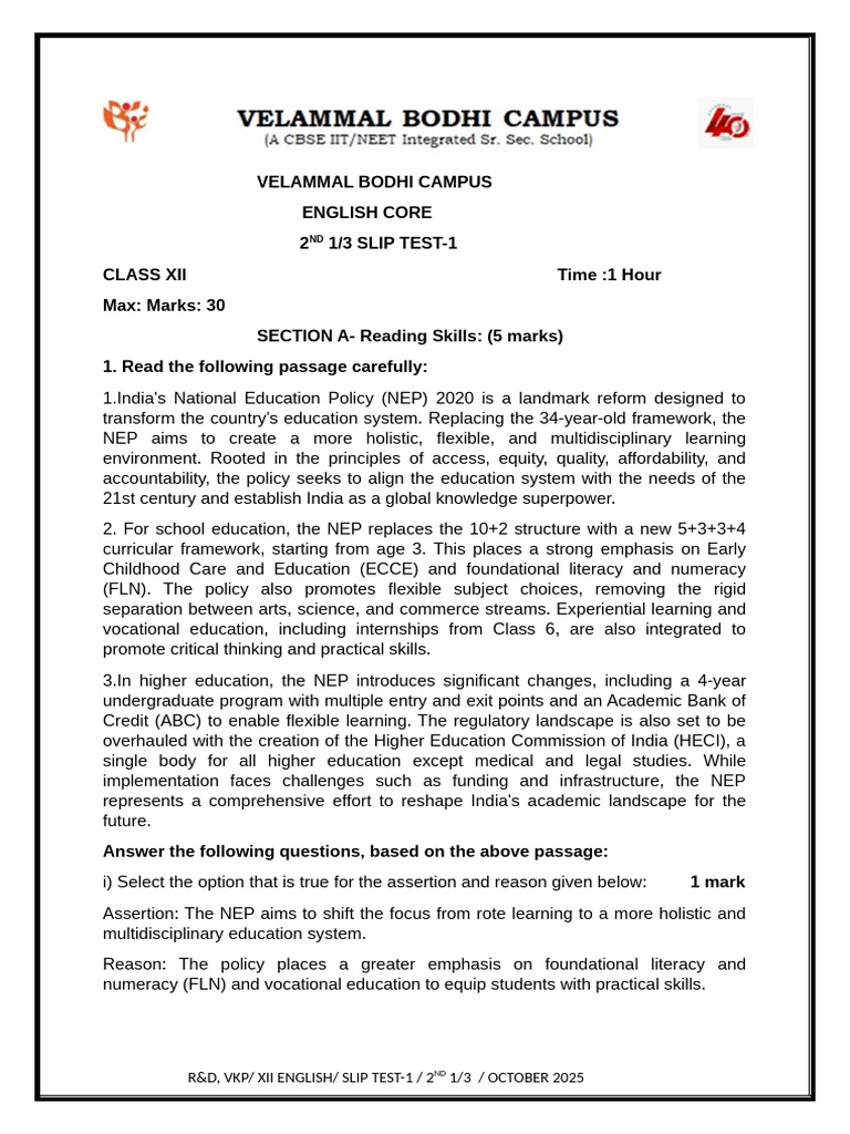 NEP 2020 Overview and Assessment Test | PDF