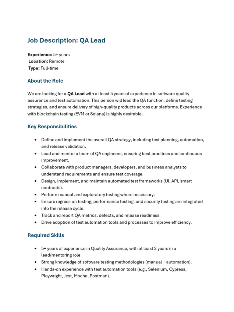 QA Lead - JD | PDF
