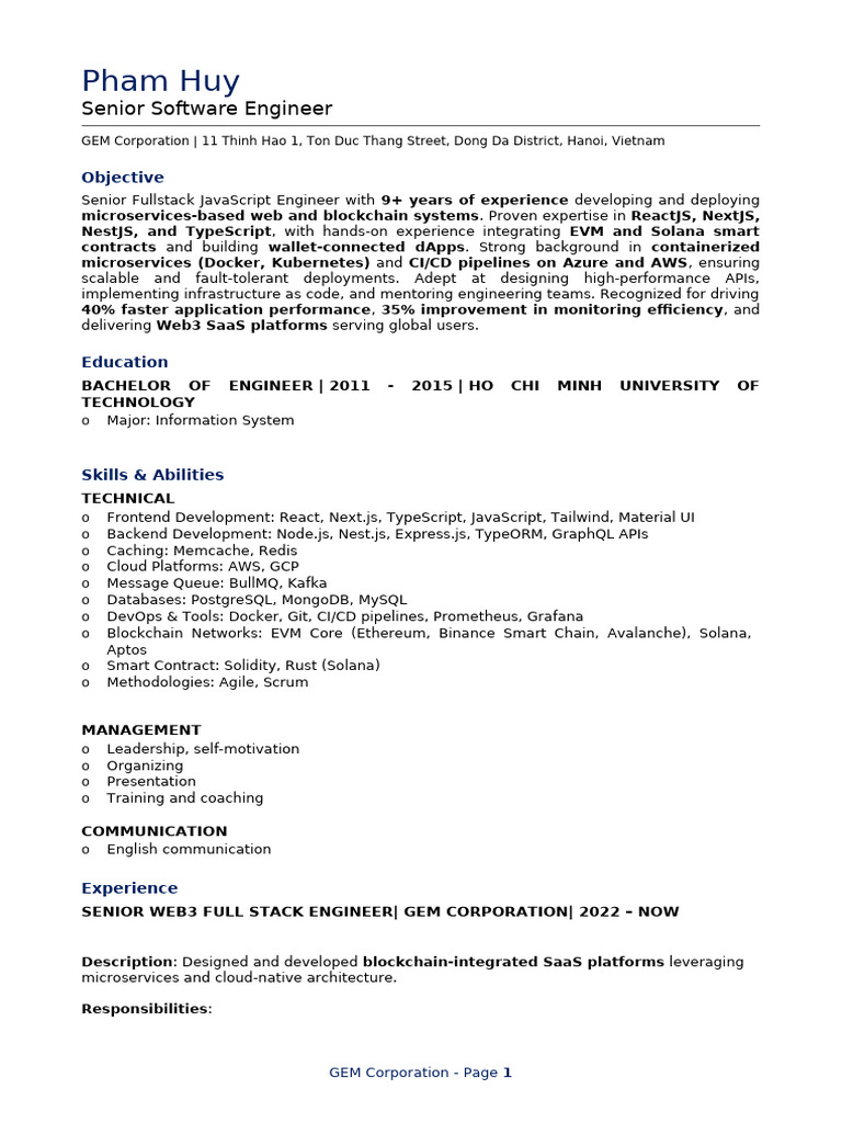 Huy Pham - Senior Fullstack Engineer | PDF | Systems Engineering ...