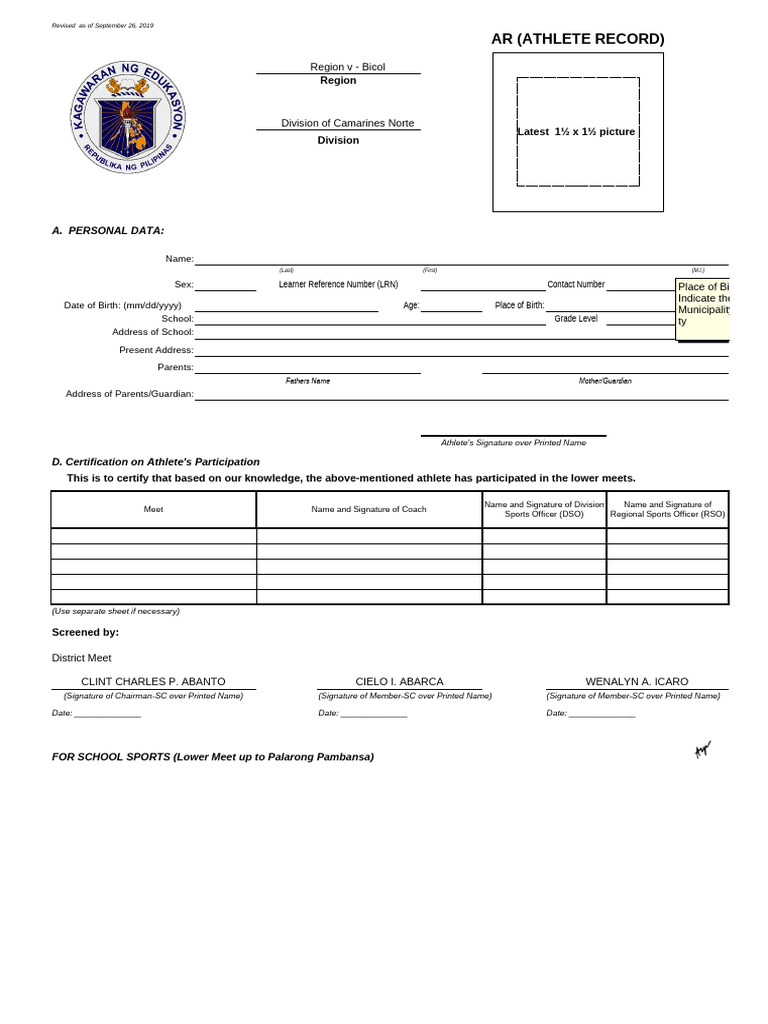 Athlete Record Form - Bicol Region | PDF