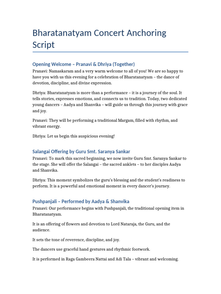 Bharatanatyam Concert Anchoring Script | PDF | Dances