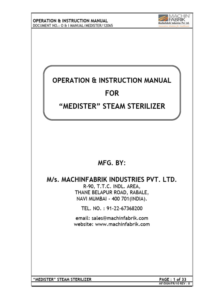 Medister Steam Sterilizer Manual | PDF | Valve | Sterilization ...