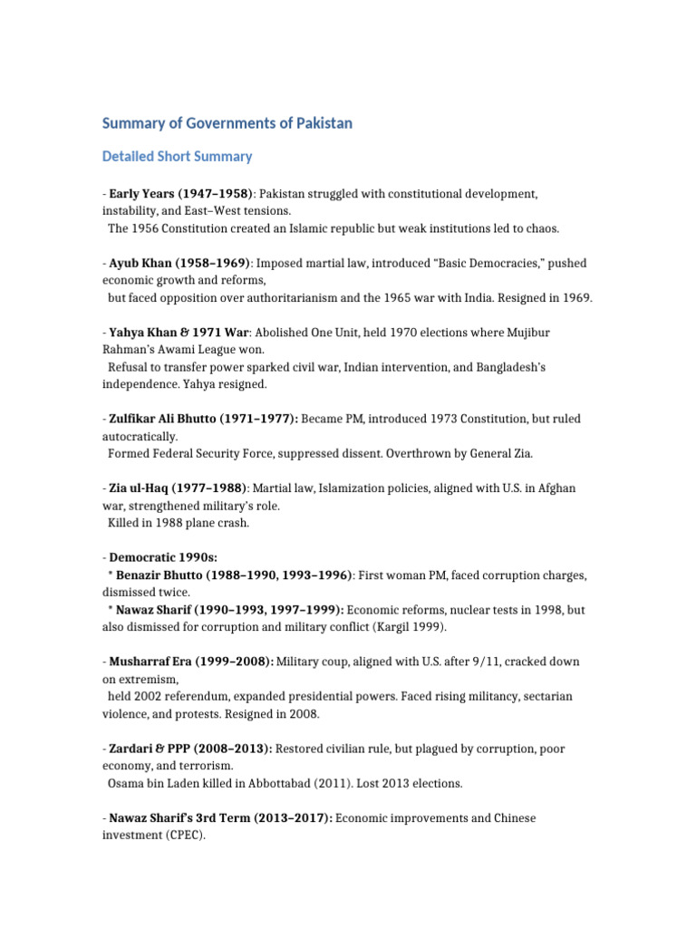 Governments of Pakistan Summary | PDF | Nawaz Sharif | Zulfikar Ali Bhutto
