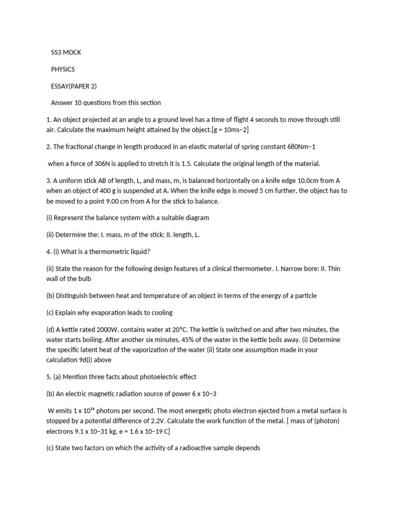 Ss3 Physics Mock Paper 2 Pdf Latent Heat Heat