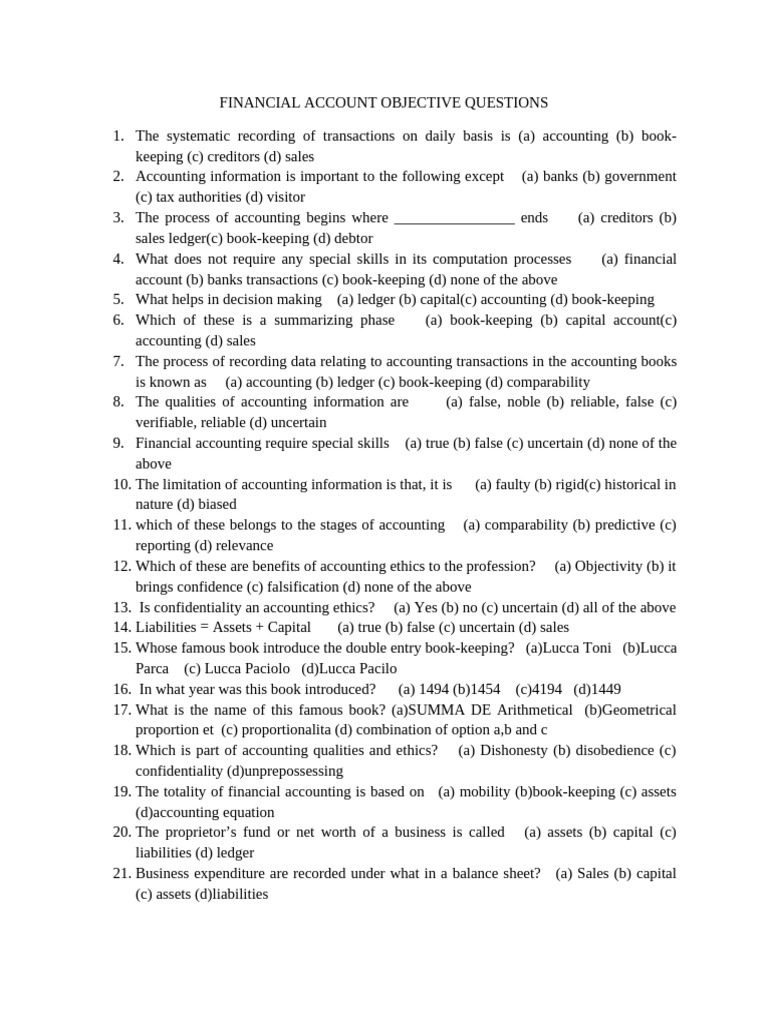 Financial Accounting Objective Questions | PDF | Debits And Credits ...