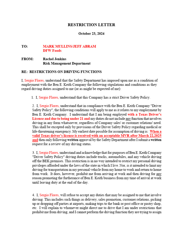 Driving Restrictions for Sergio Flores | PDF | Driving