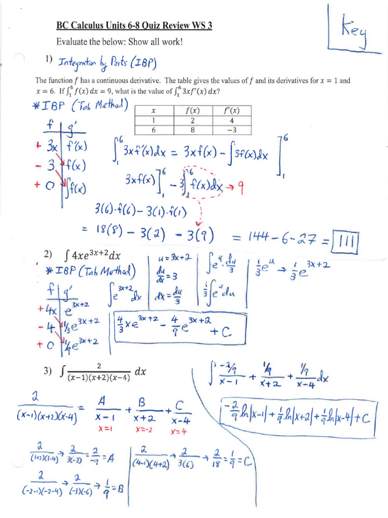 BC Calc Units 6-8 Review Ws 3 Key | PDF