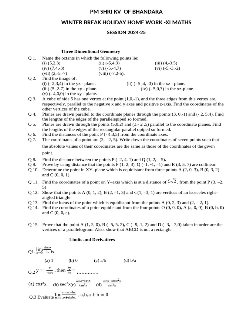 Xi Maths Winter Break HW 2024-25 KV | PDF | Cartesian Coordinate System ...