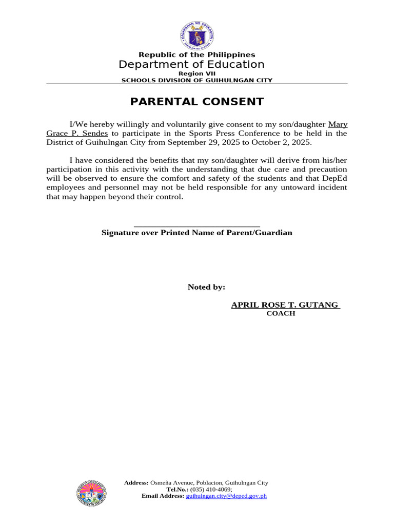 Parental Consent for Sports Conference | PDF