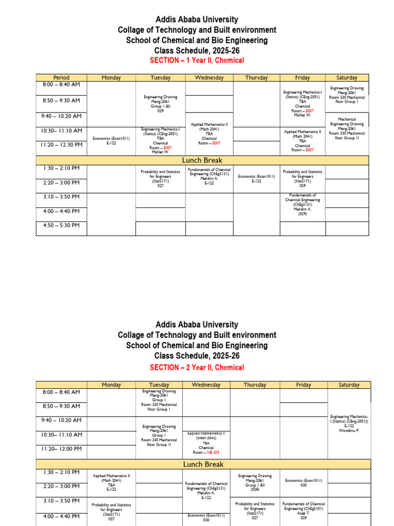Addis Ababa University Chemical Engineering Class Schedule 2025-26 ...