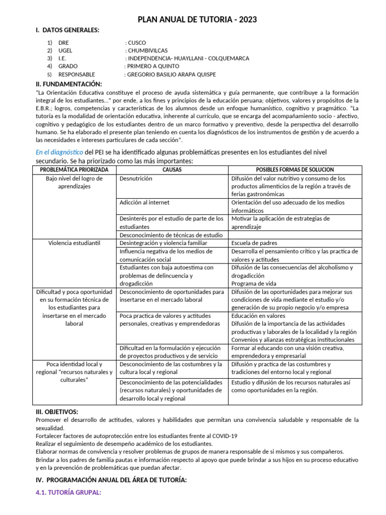 Plan Anual de Tutoría 2023 - Huayllani | PDF | Aprendizaje ...