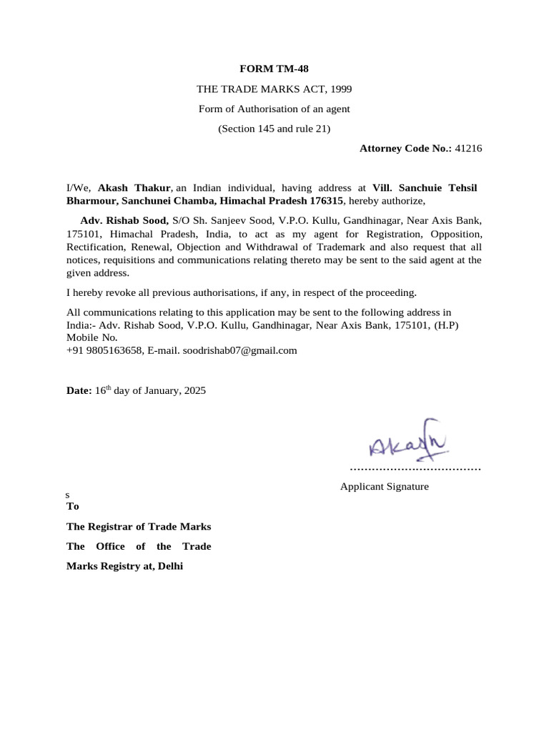 Power of Attorney for Trademark India | PDF