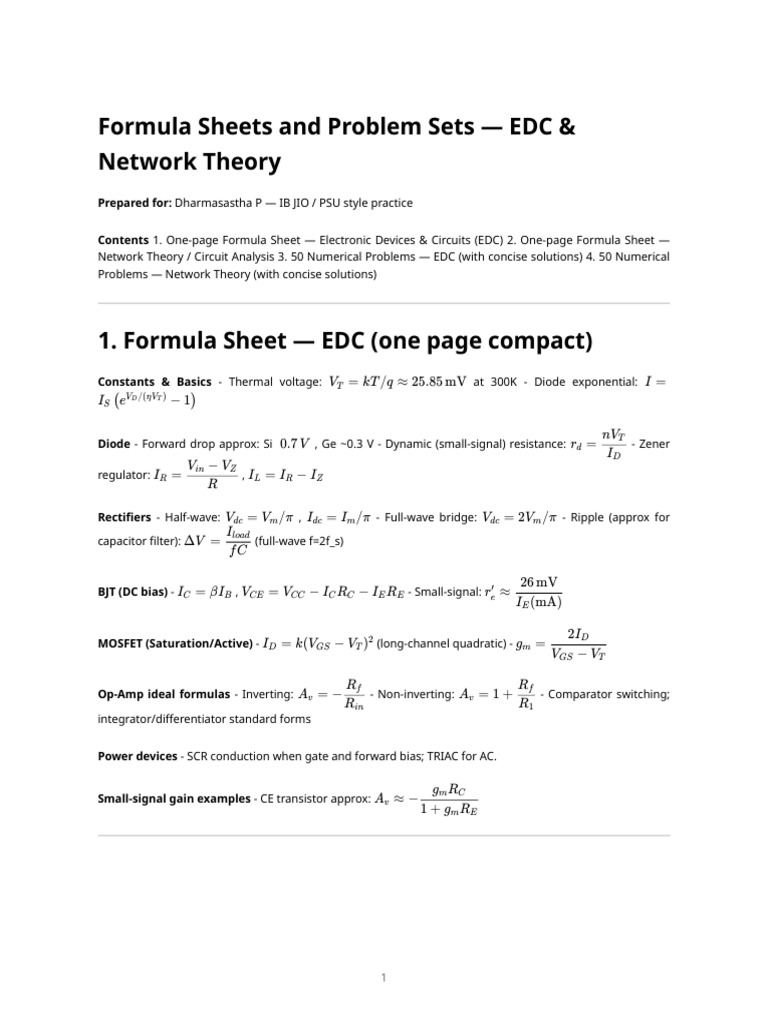 EDC & Network Theory Formula Sheets | PDF | Rectifier | Electronic ...