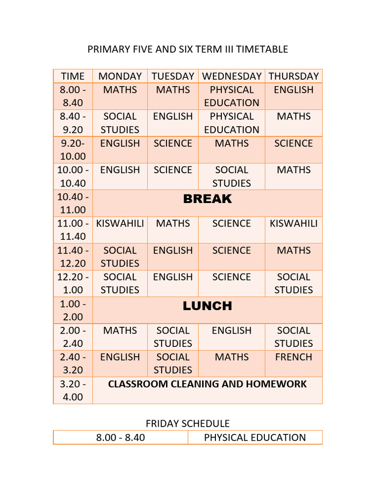 Primary Five and Six Term III Timetable - 110124 | PDF