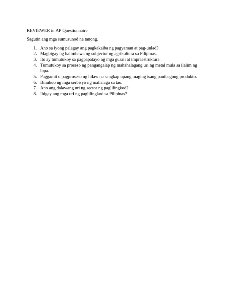 REVIEWER in AP Questionnaire | PDF