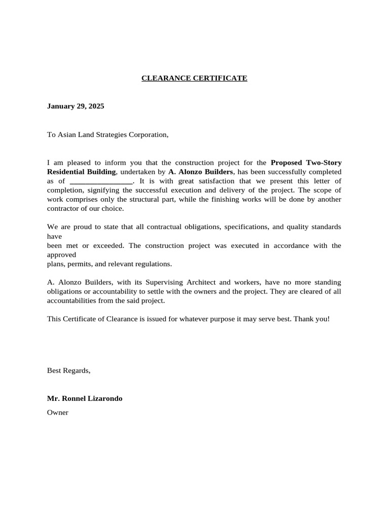 Completion Certificate for Residential Building | PDF