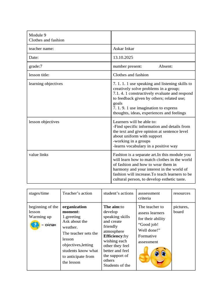 Clothes and Fashion Lesson Plan | PDF | Educational Assessment | Learning