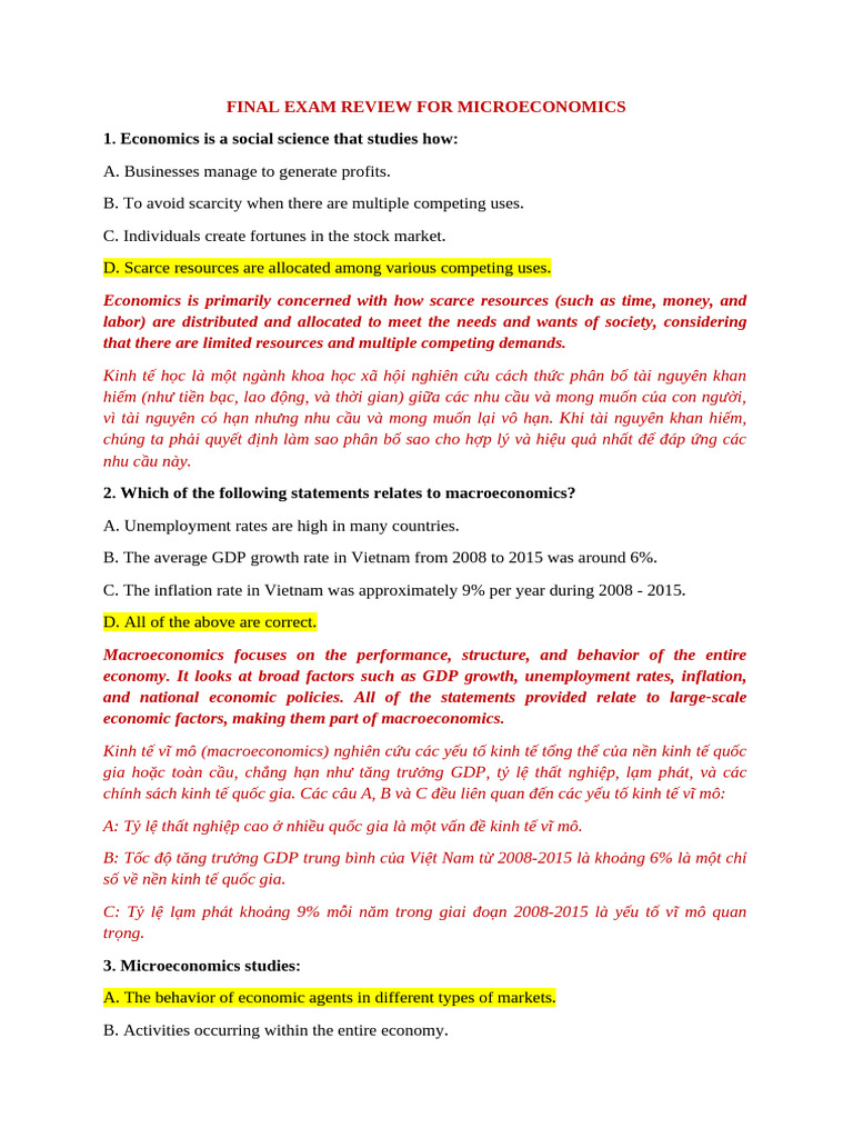 Final Exam Review For Microeconomics (Answers) | PDF