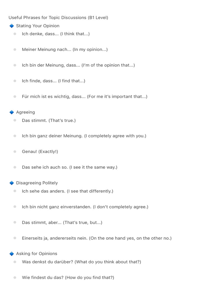 Useful Phrases For Topic Discussions (B1 Level) | PDF