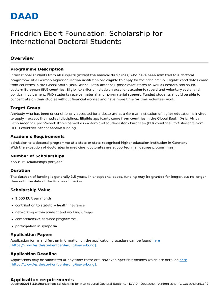 Friedrich Ebert Foundation PhD Scholarships | PDF | Doctorate | Doctor ...