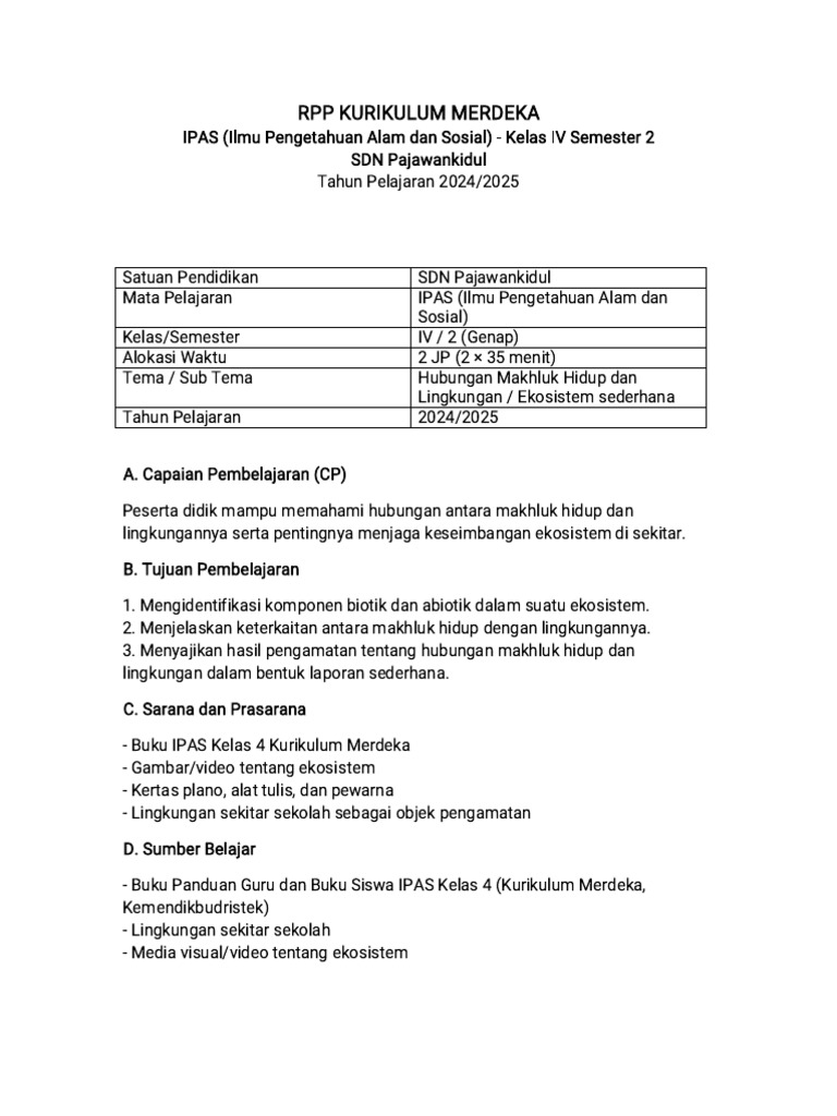 RPP IPAS Kelas IV: Ekosistem Sederhana | PDF