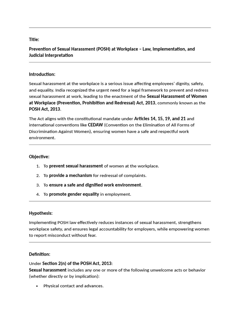 POSH Act: Workplace Sexual Harassment Prevention | PDF | Sexual ...