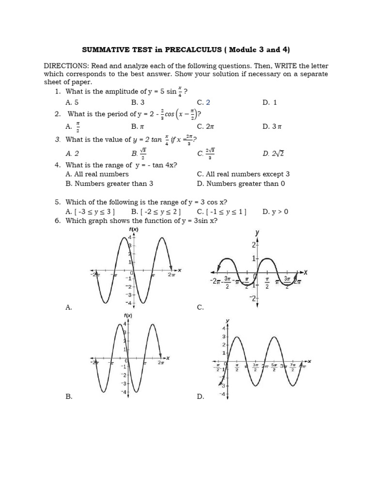 Precalculus Summative Test Questions | PDF | Circle | Angle
