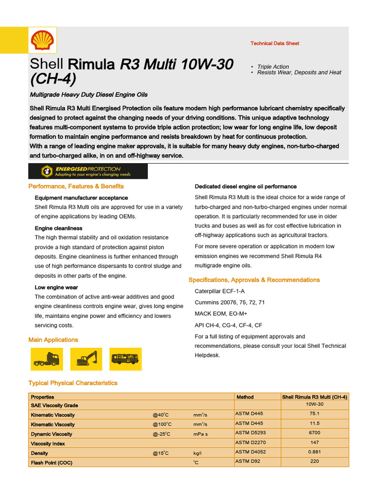 Shell Rimula R3 Multi 10W-30 Overview | PDF | Motor Oil | Engines