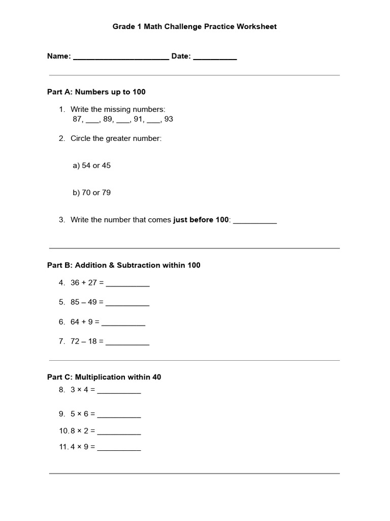 Grade 1 Math Challenge Worksheet | PDF | Chess Theory | Chess