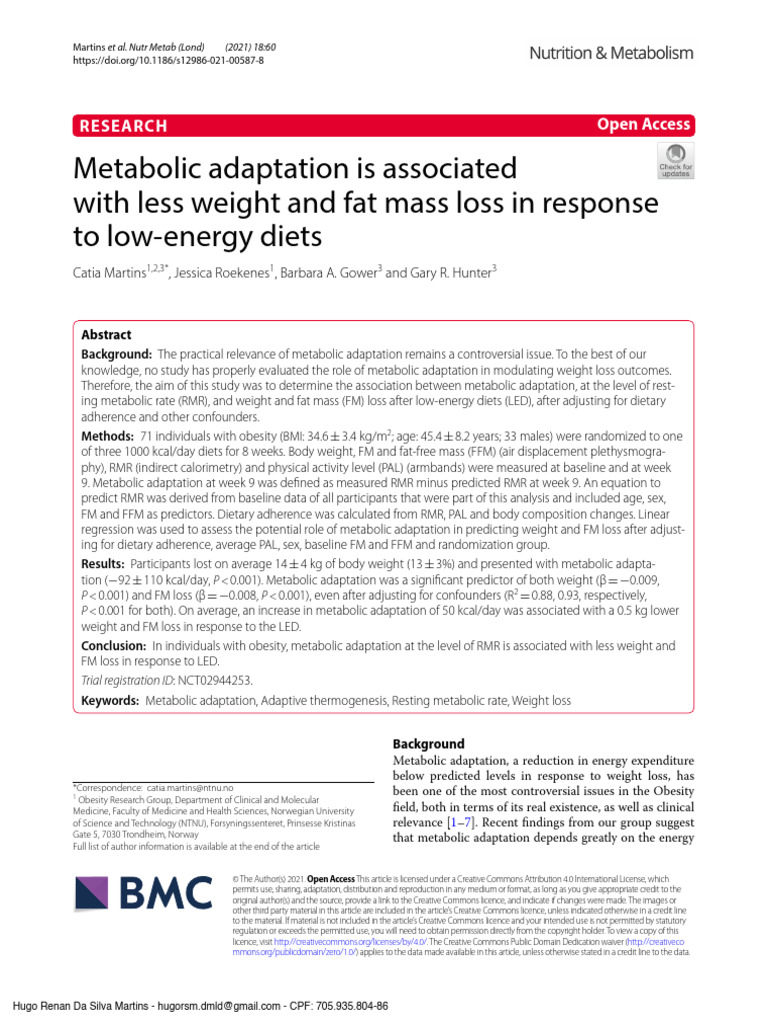 Metabolic Adaptation Is Associated With Less Weight and Fat Mass Loss ...