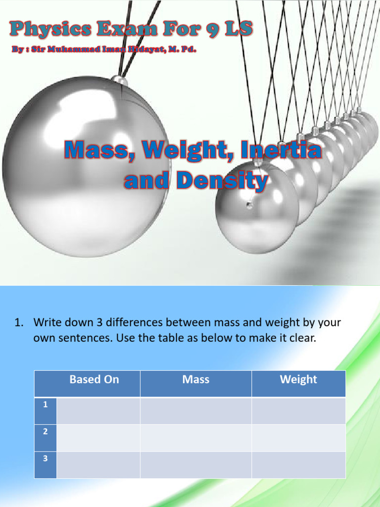 Physics Exam Mass Weight Inertia Density | PDF