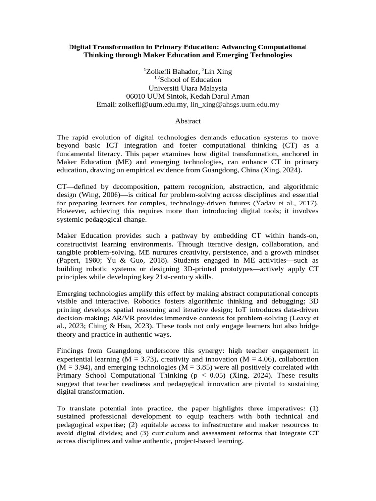 Digital Transformation in Primary Education Extended Abstract | PDF ...