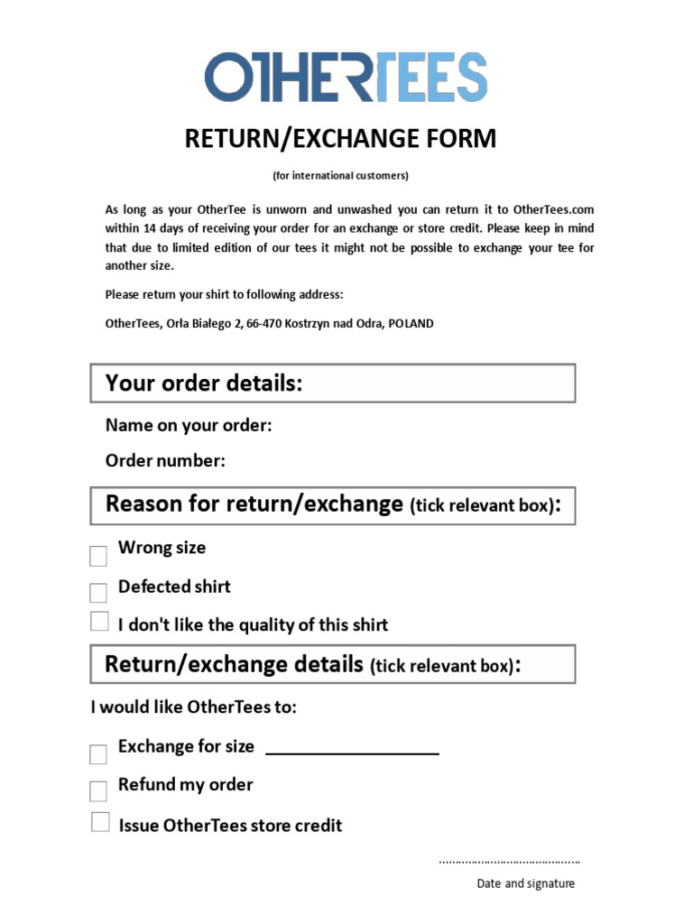 Other Tees Return Exchange Form | PDF