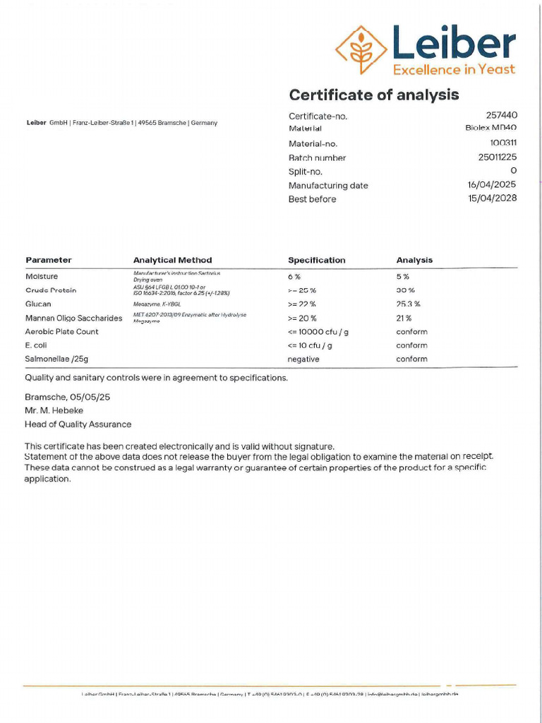 COA Biolex MB40 Leiber Lot 25011225 | PDF