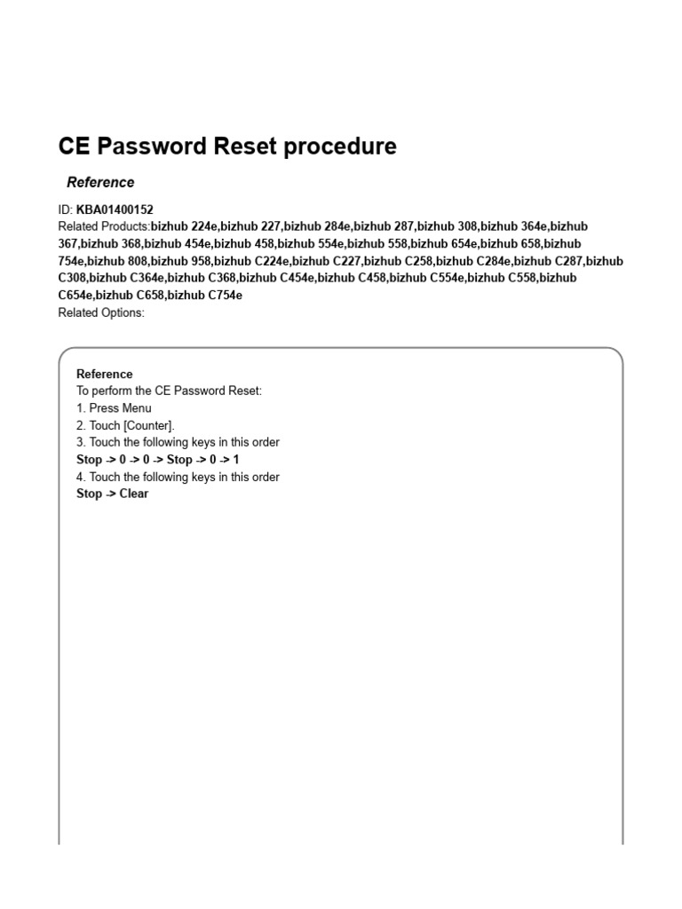 CE Password Reset for Konica Minolta | PDF