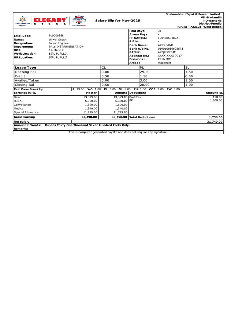 May 2025 Salary Slip for Ujjwal Ghosh | PDF | Taxes | Government Finances