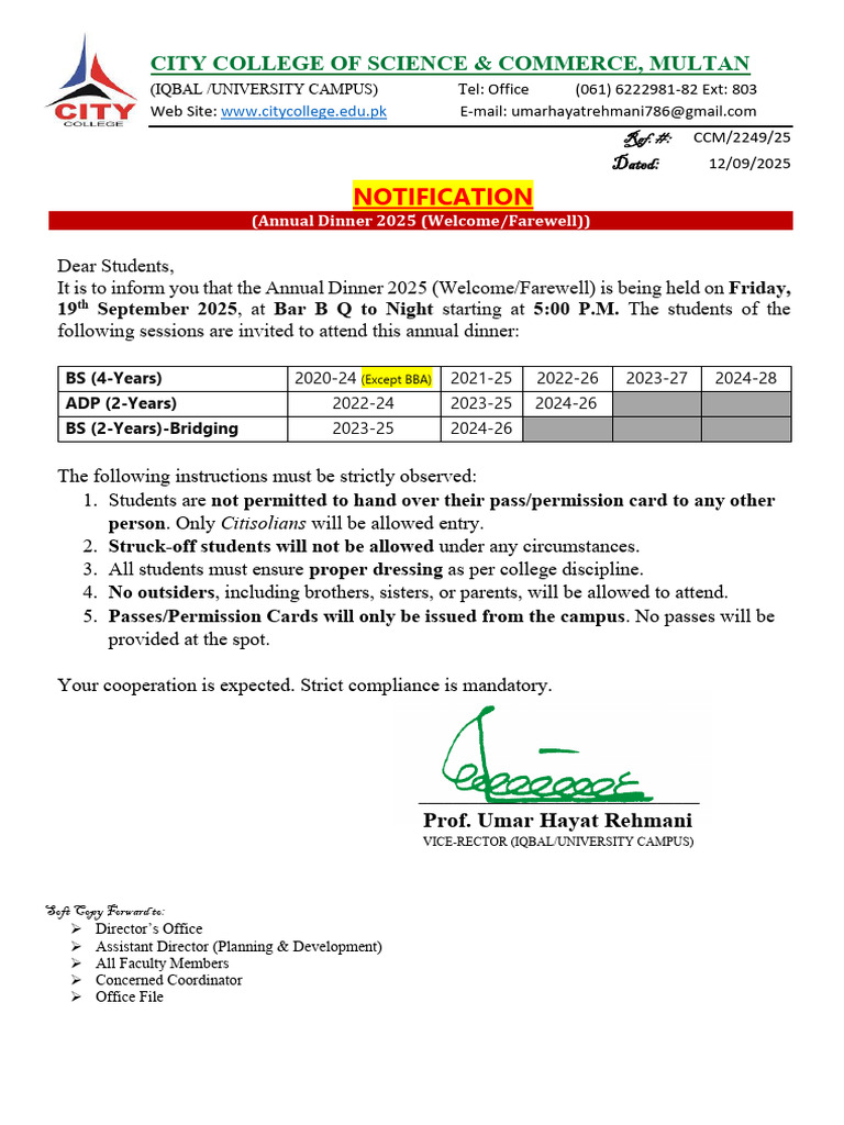 Annual Dinner 2025 Notification | PDF