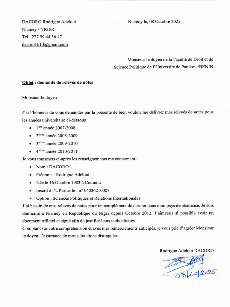 Lettre de Demande de Releve de Note | PDF