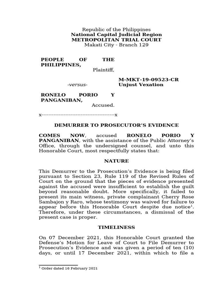 Demurrer to Evidence in Unjust Vexation Case | PDF | Burden Of Proof ...