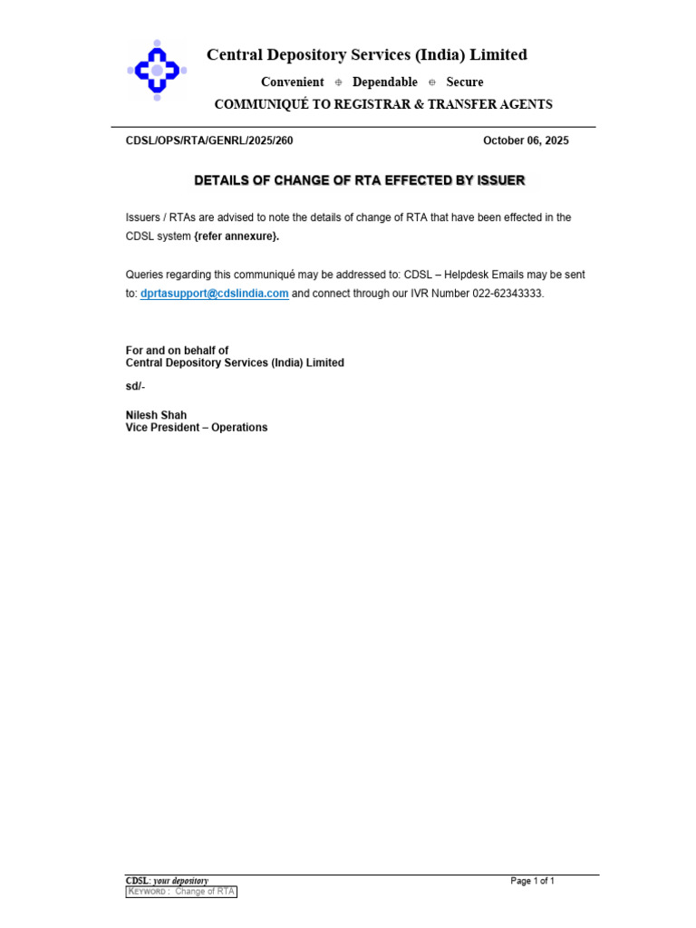 Change of RTA Notification by CDSL | PDF | Data Management ...
