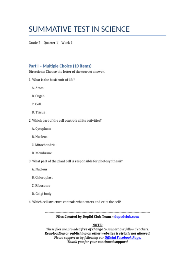 Summ - Test Science 7 q1 w1 | PDF | Cell (Biology) | Cytoplasm