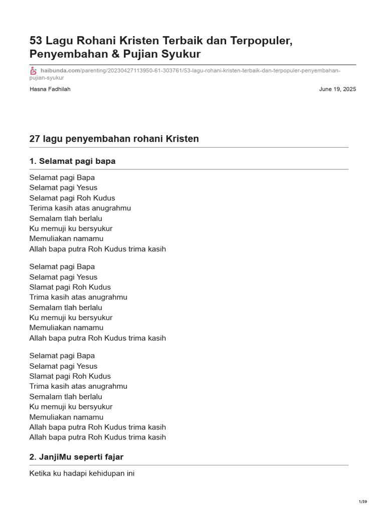 53 Lagu Rohani untuk Penyembahan Syukur | PDF