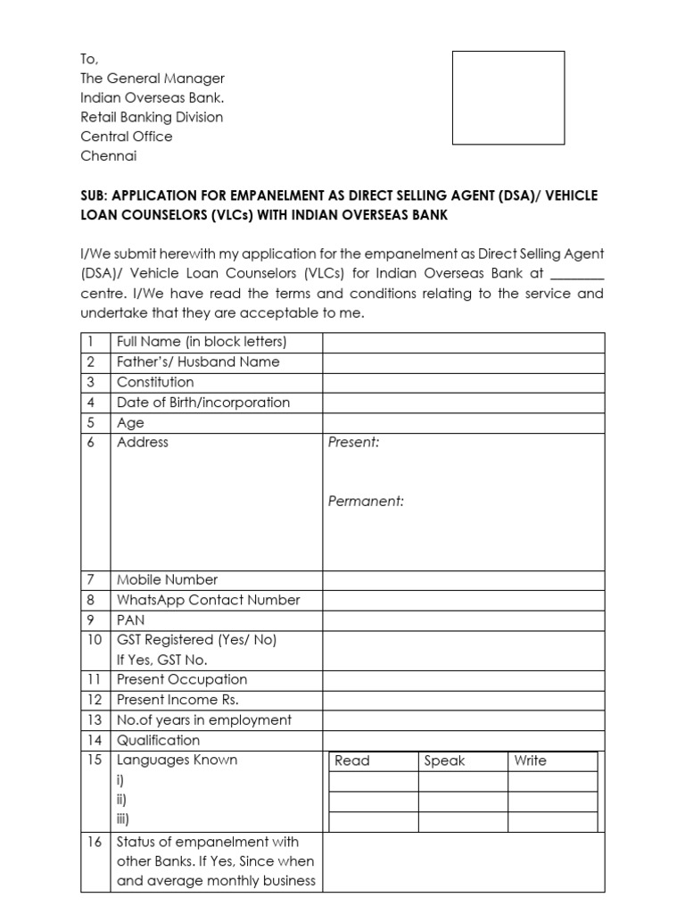 DSA Application for Indian Overseas Bank | PDF