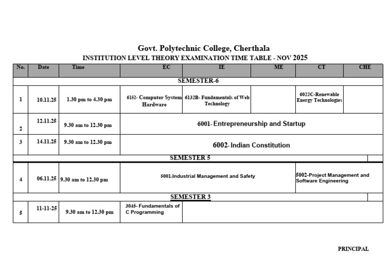 Cherthala Polytechnic Exam Schedule Nov 2025 | PDF