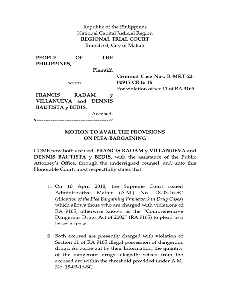 Motion Plea Bargain Radam and Bautista | PDF | Plea Bargain | Plea